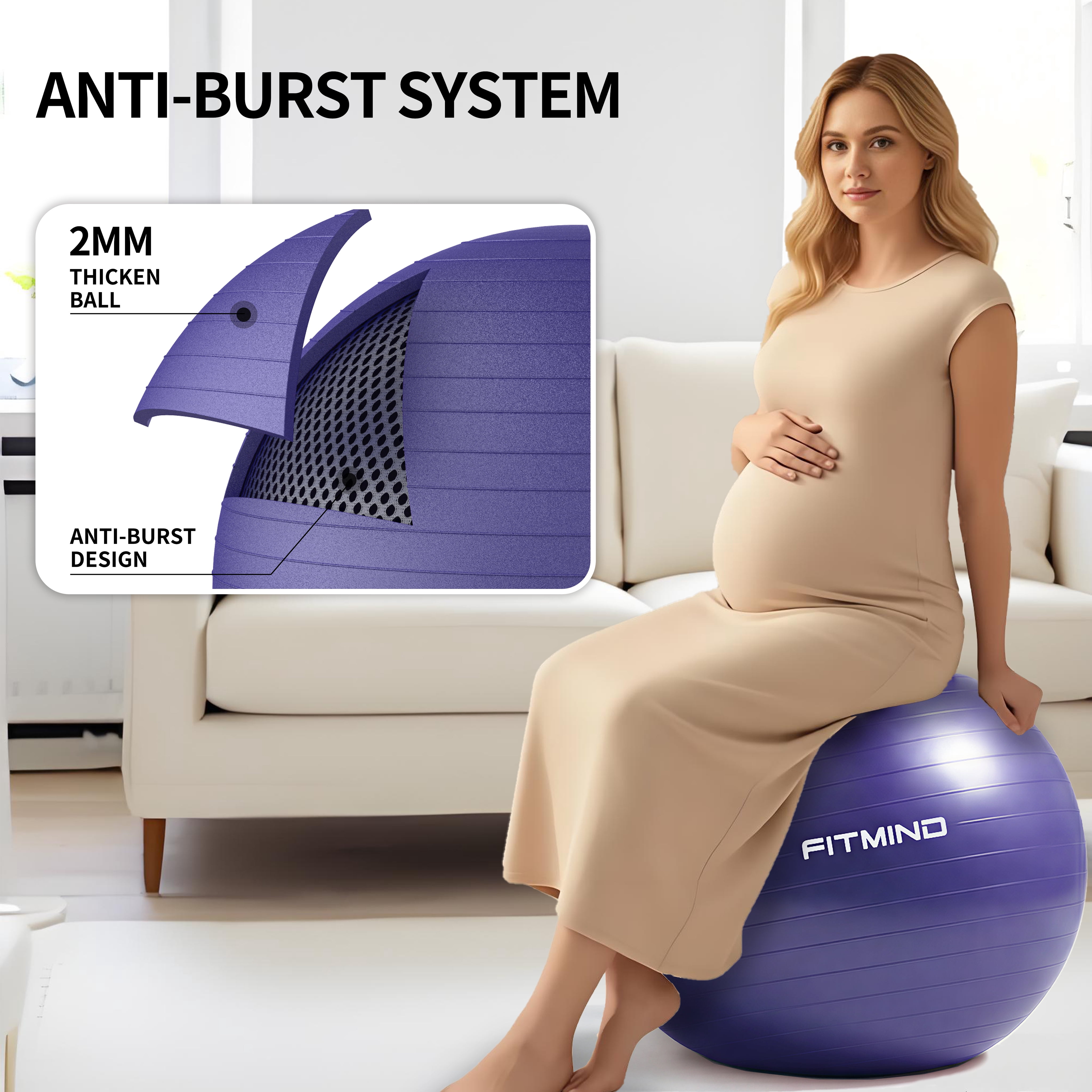FITMIND Thick Exercise Ball 29.5" for Yoga and Pilates, 1100LB Load Bearing, Hand Pump, Anti-Burst, Purple