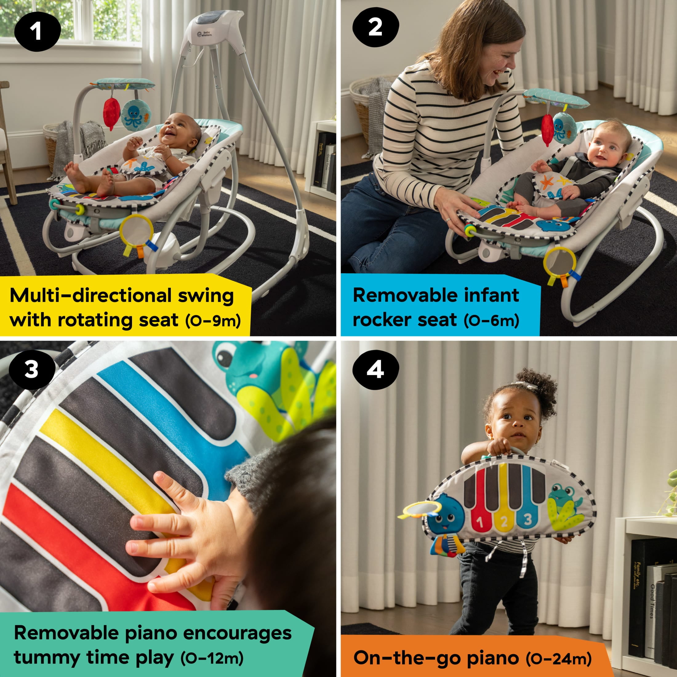 Baby Einstein Ocean Explorers Kick to It 4-in-1 Musical Swing & Rocker, with Removable Piano, 0+ Months