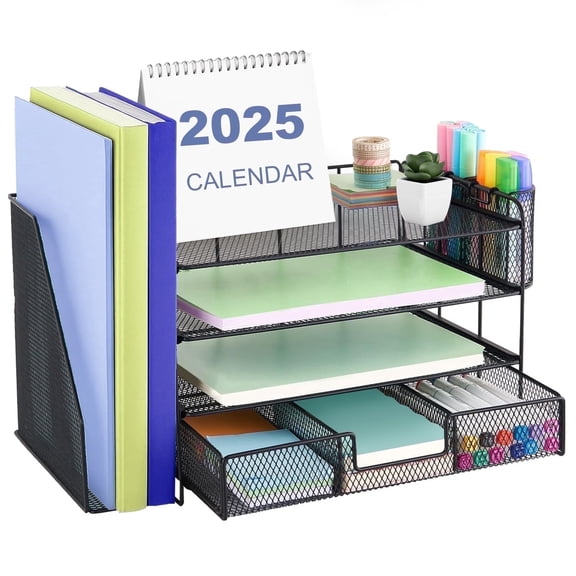 Rust Resistant 4-Tier Metal Vertical Countertop Desk Organizer comes with (2) Pen Cups, (1) Drawer & (1) File Holder, Black