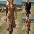 thumbnail image 7 of PFRNLF Women's Dresses Casual Long Sleeve Lapel Neck Western Style Midi Dress Suede Tassel Zipper Dresses, 7 of 7