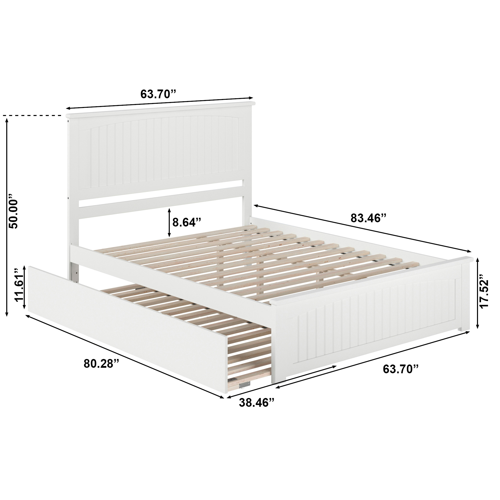 AFI Nantucket Queen Platform Bed with Wood Headboard Footboard & Twin XL Trundle, White