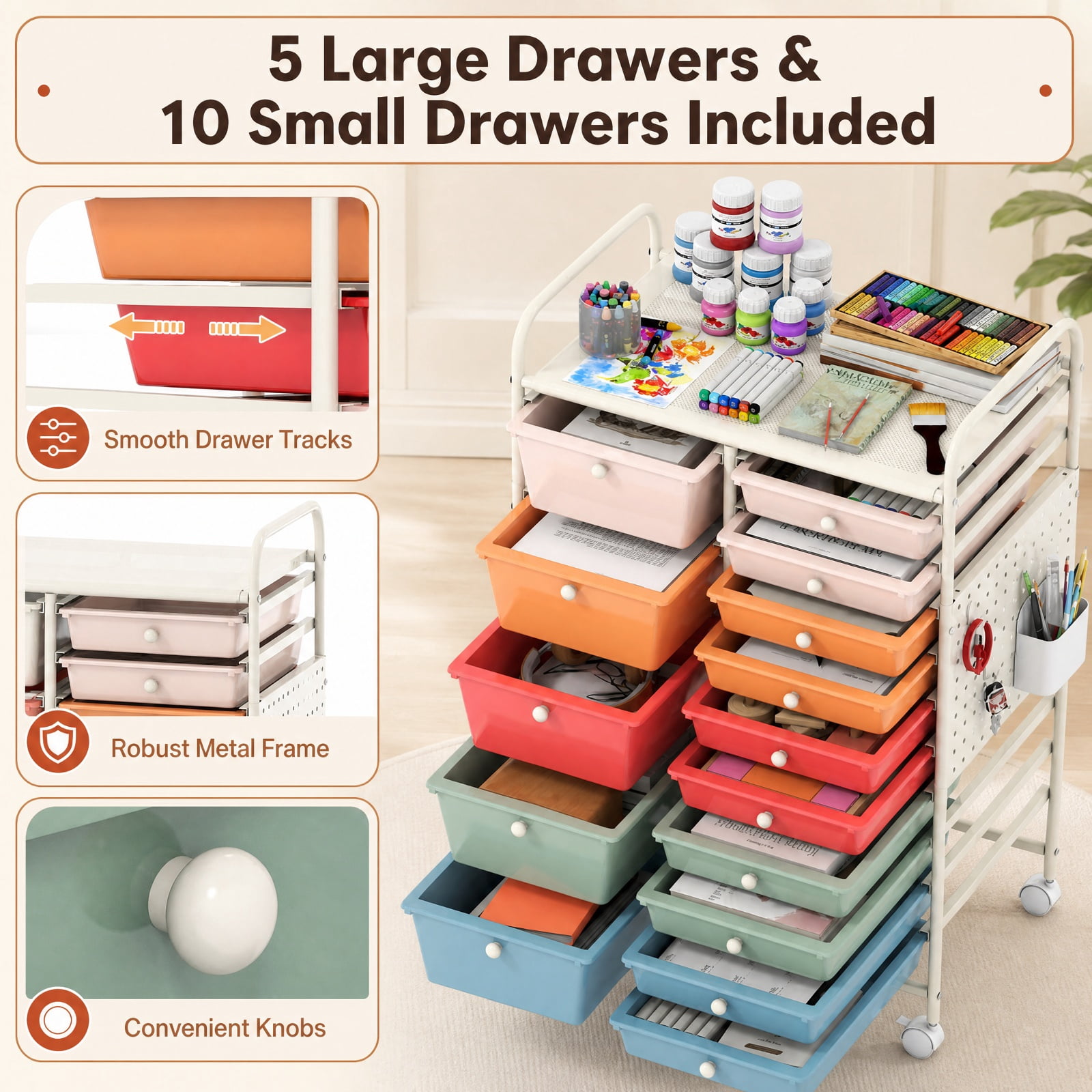 Furnibear 15 Drawer Rolling Storage Cart with Metal Tabletop Pegboard and Locking Wheels for Kitchen Office and Classroom Organizing, Macaron
