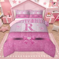 Manfei Kawaii Bowknot Alphabet R 3 Pieces Queen Comforter Set for Female Women Teens,Bling Glitter Splash Ultra Soft Bedding Sets,Flying Butterfly Bedding Comforter Set,Dreamy Princess Decor