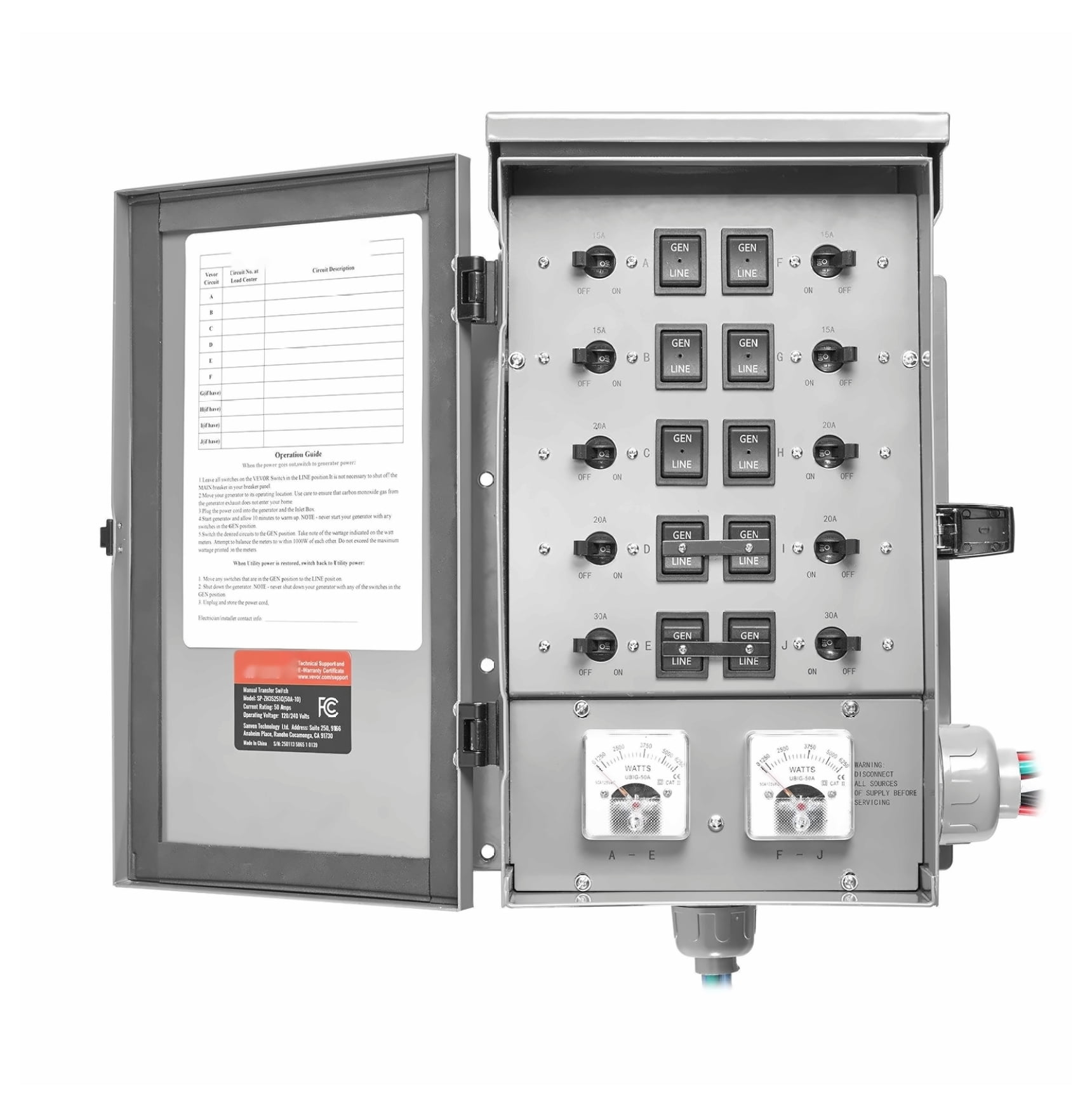 50A Generator Transfer Switch - Manual Transfer Switch Kit 12500W 120/240V NEMA 3R - 10 Circuit Power Switch for Emergency Backup
