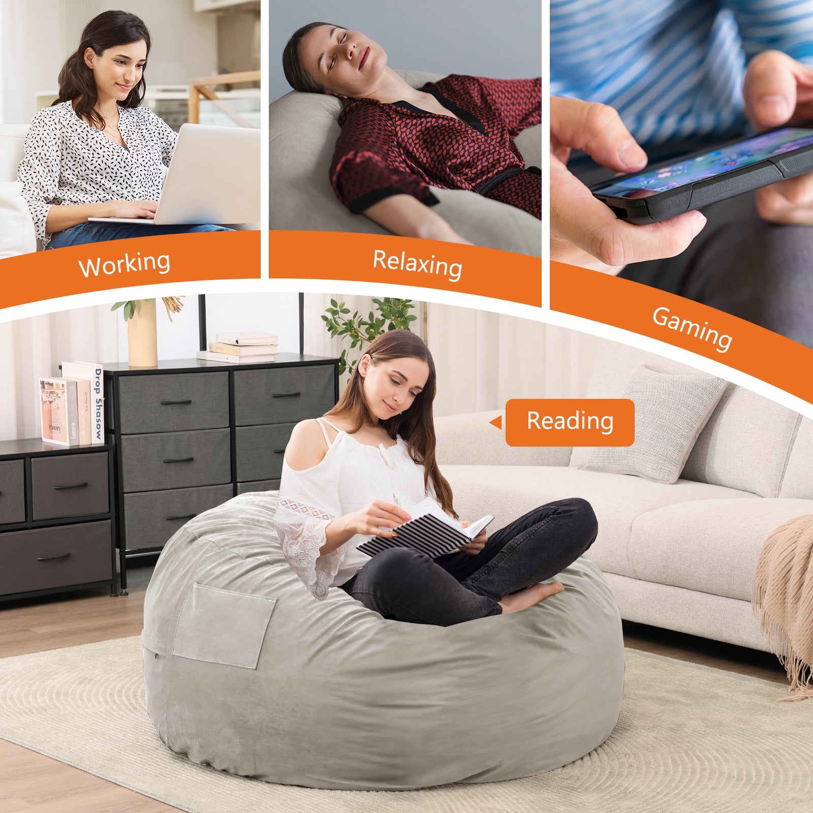 ZUNMOS Bean Bag Sofa Chair 4Ft, Memory Foam Filling for Adults for Home, Grey