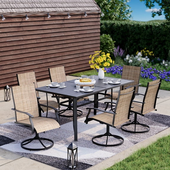 7-Piece Patio Dining Set with 6 Swivel Chairs & Table (Adjustable Umbrella Hole), UV-Resistant Outdoor Furniture for Deck, Backyard, Poolside - Brown/Blue/Gray