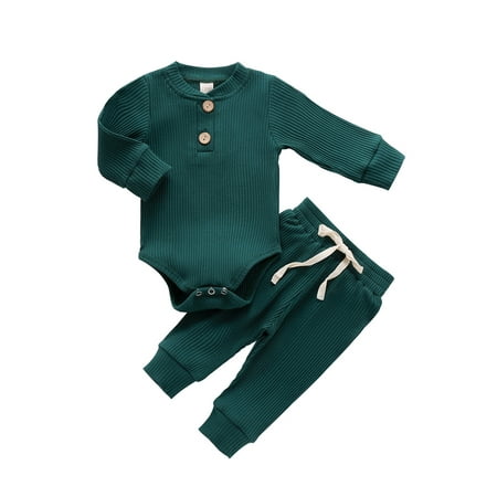 

Lazybaby Newborn Baby Girls Boys Clothes Ribbed Long Sleeve Romper + Pants Pajamas 2Pcs Outfits