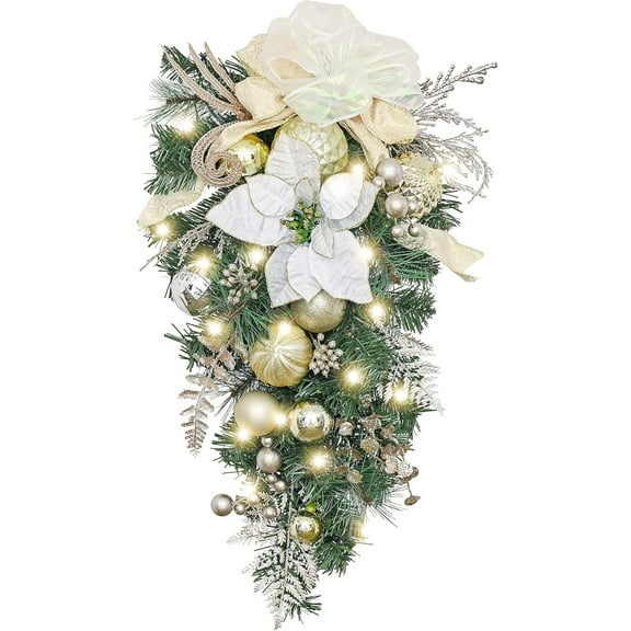 Pre-Lit Christmas Teardrop Swag for Decorating Outdoor, 24 Inch Mailbox Swag Decoration with White Gold Ball Ornament for Stairway Window Shelf Valentine’s Day Wedding Decor