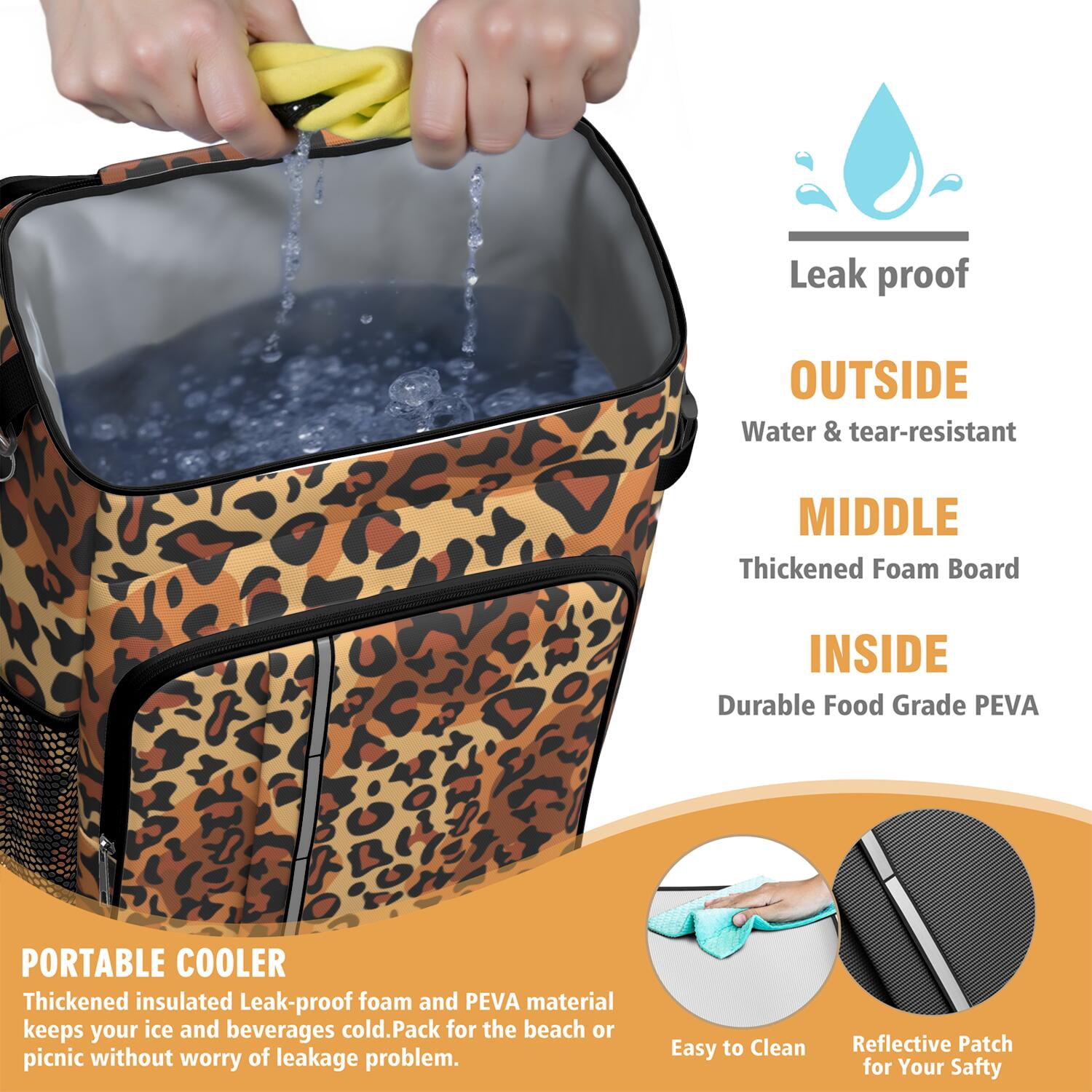 Travel Cooler Bag - Orange and Brown Leopard Pattern Camping Beer Cooler Backpack with Bottle Opener- Waterproof Insulated Picnic Backpacks - Cooler Bag for Beach