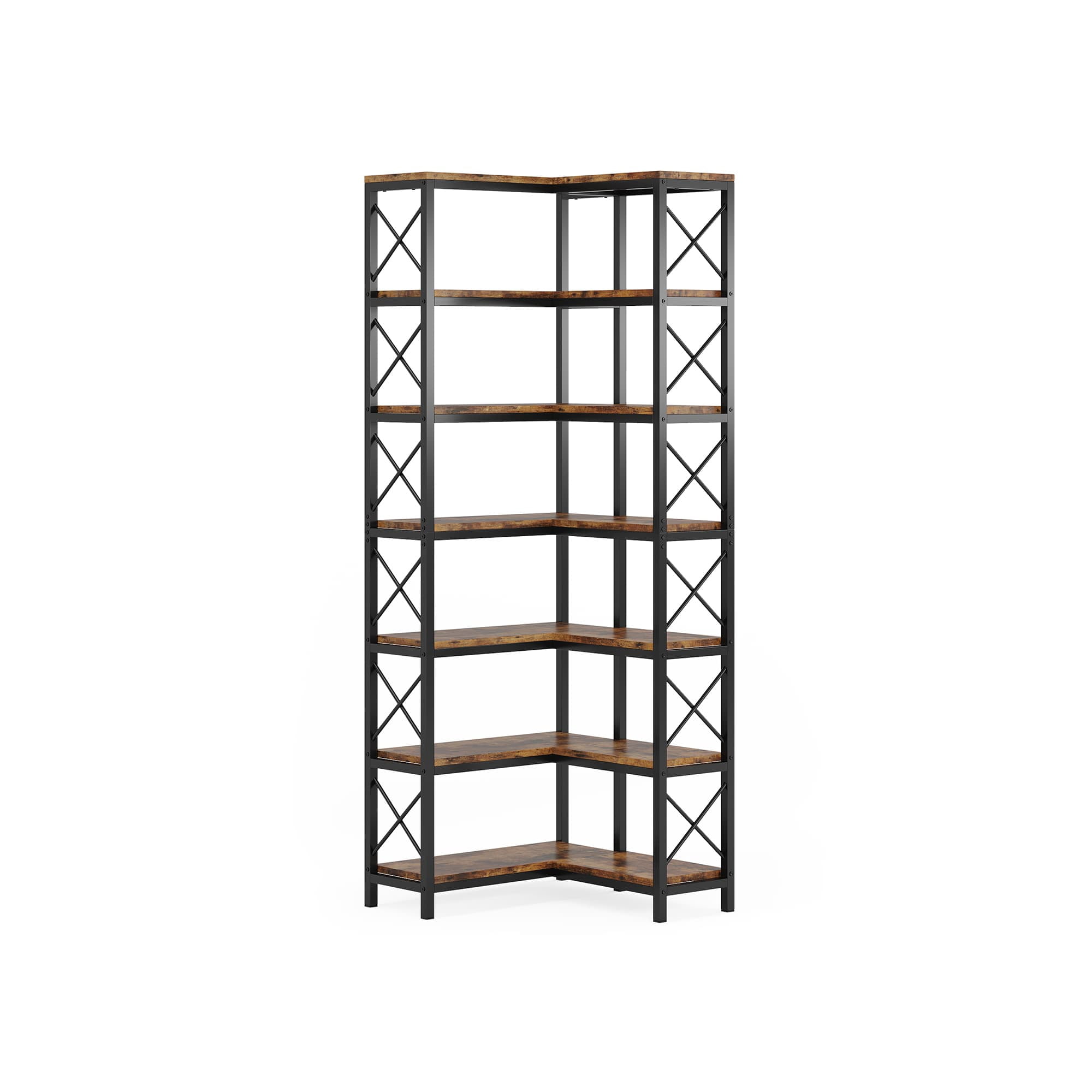 MAYEERTY Industrial 7-Tier Corner Bookcase with X-Shaped Support Bars, 14 Open Display Storage Shelves
