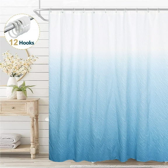 Dznils Textured Ombre Fabric Shower Curtain, Modern Bathroom Curtain with 12 Hooks, Blue, 72" x 72"