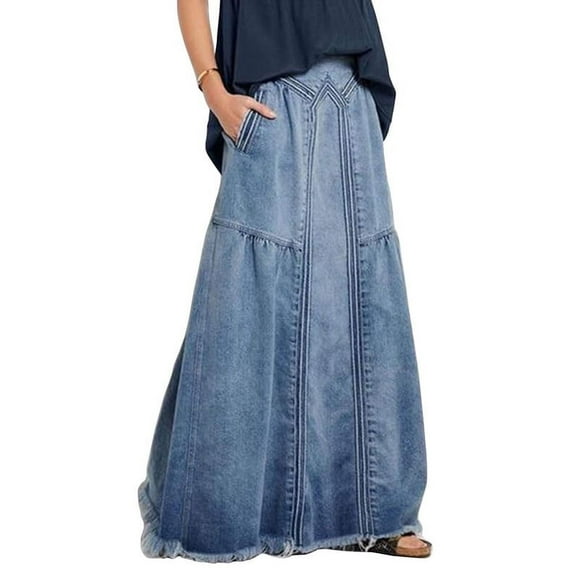 Chouyatou Women's Casual Elastic Waist Frayed Hem a-Line Distressed Hippie Long Maxi Denim Skirt with Pockets(Blue,Medium)