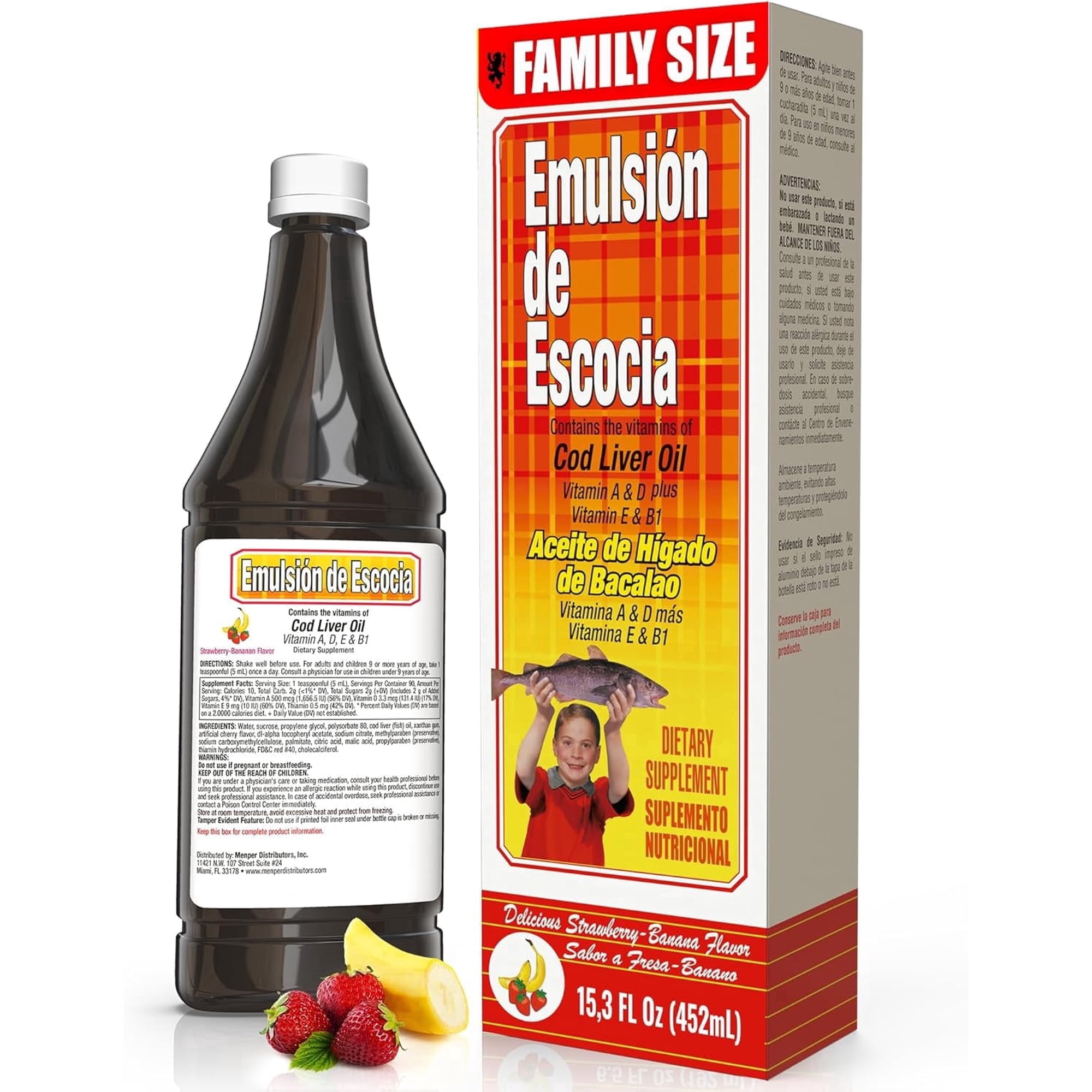 Emulsion de Escocia Cod Liver Oil Liquid, Omega-3, Vitamins A D E B1, Immune & Bone Support, Strawberry Banana Flavor, 1 Pack, 12.5 fl oz