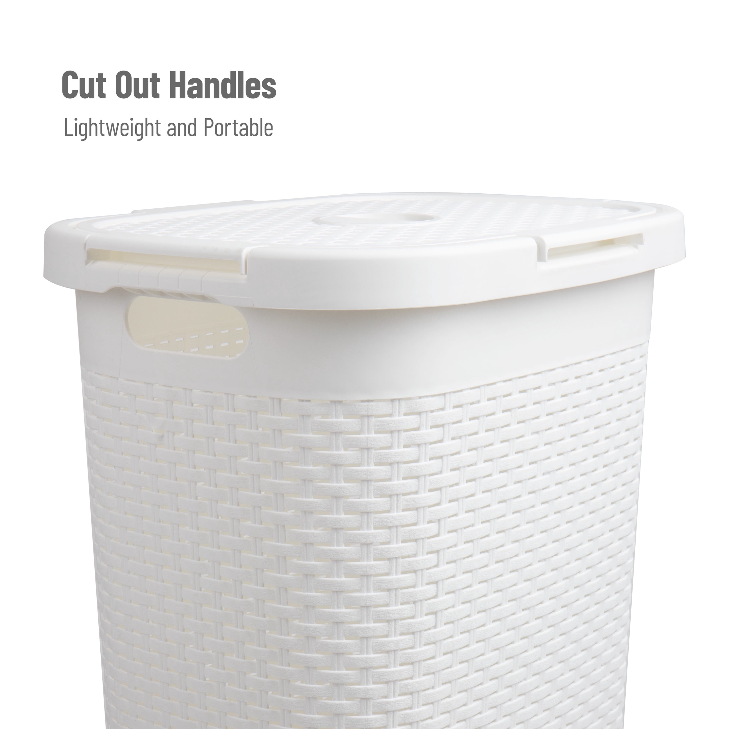 Mind Reader 60L Slim Laundry Hamper, Clothes Basket, Lid, Wicker Design, Plastic, 17.65"L x 13.75"W x 24.15"H, Set of 3, White
