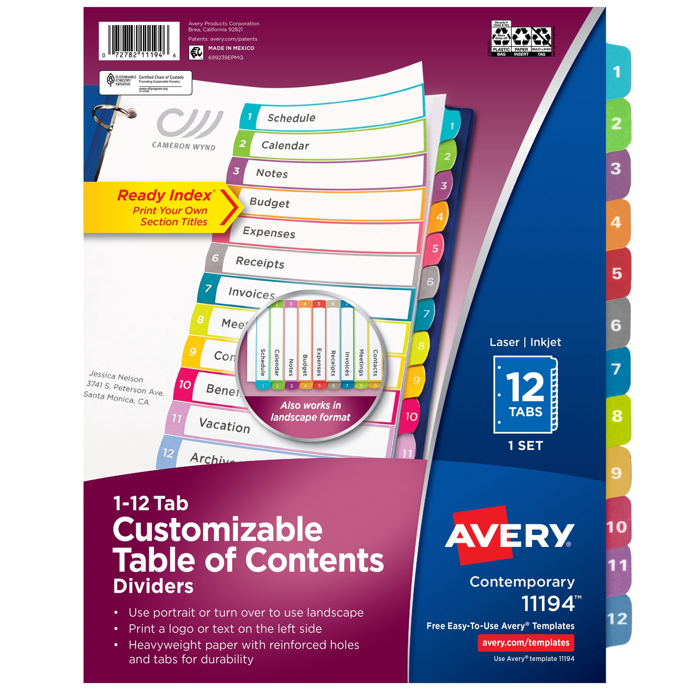 (2 pack) Avery Dividers, 12 Tabs, Ready Index, Contemporary Tabs (11194)