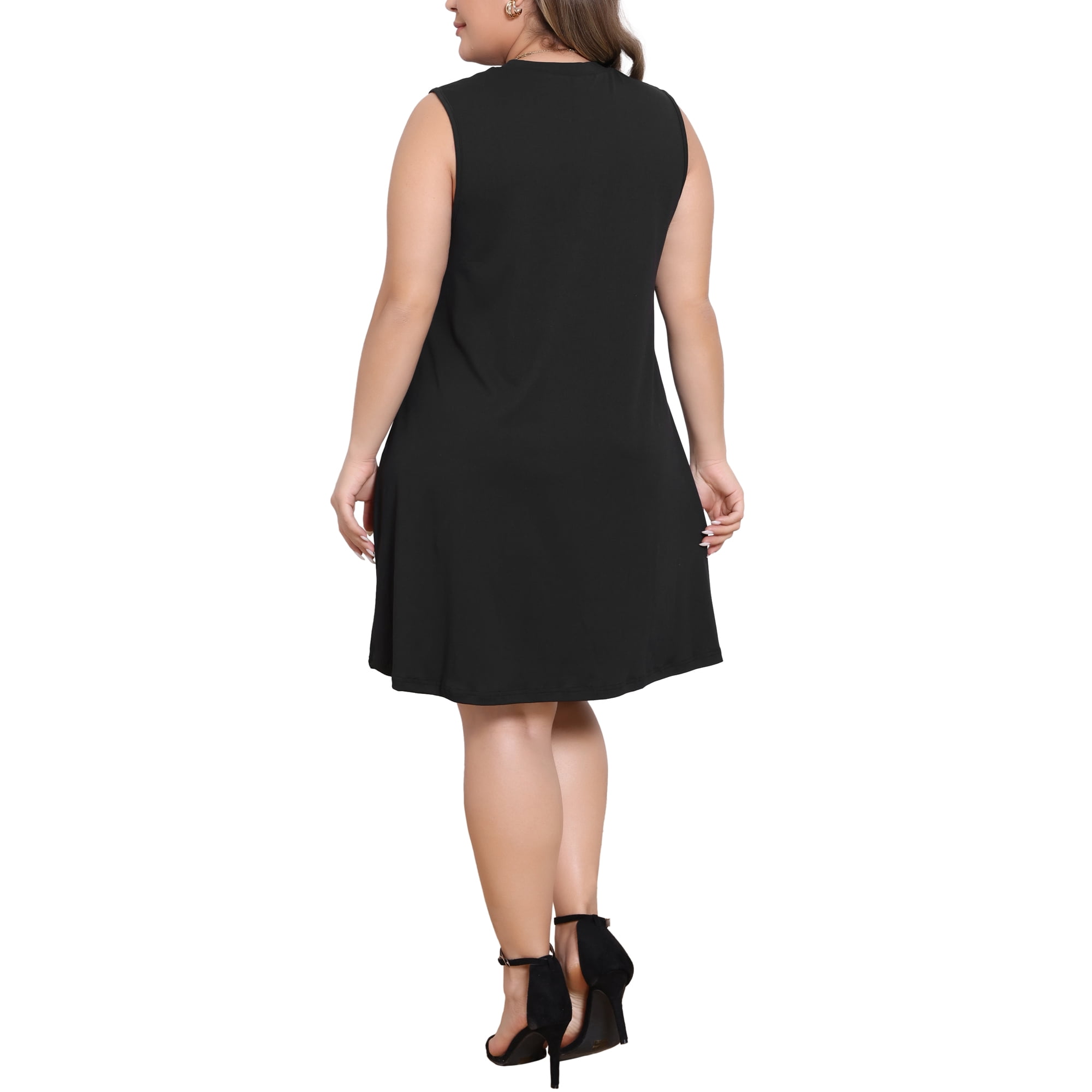 DARING DIVA Women's Plus Tank Sleeveless Dress Floral Decor Crew Neck Midi L Black