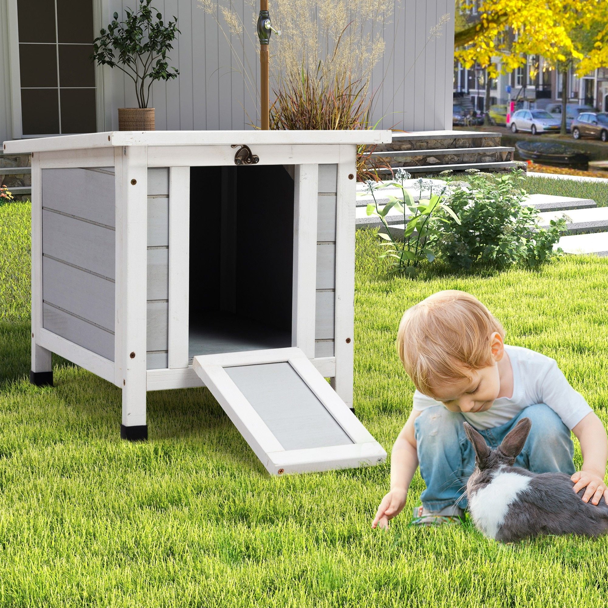 Pefilos 20" Wooden Rabbit Hutch Waterproof Pet Bunny Cages for Outdoor Small Animal House Habitat, Gray