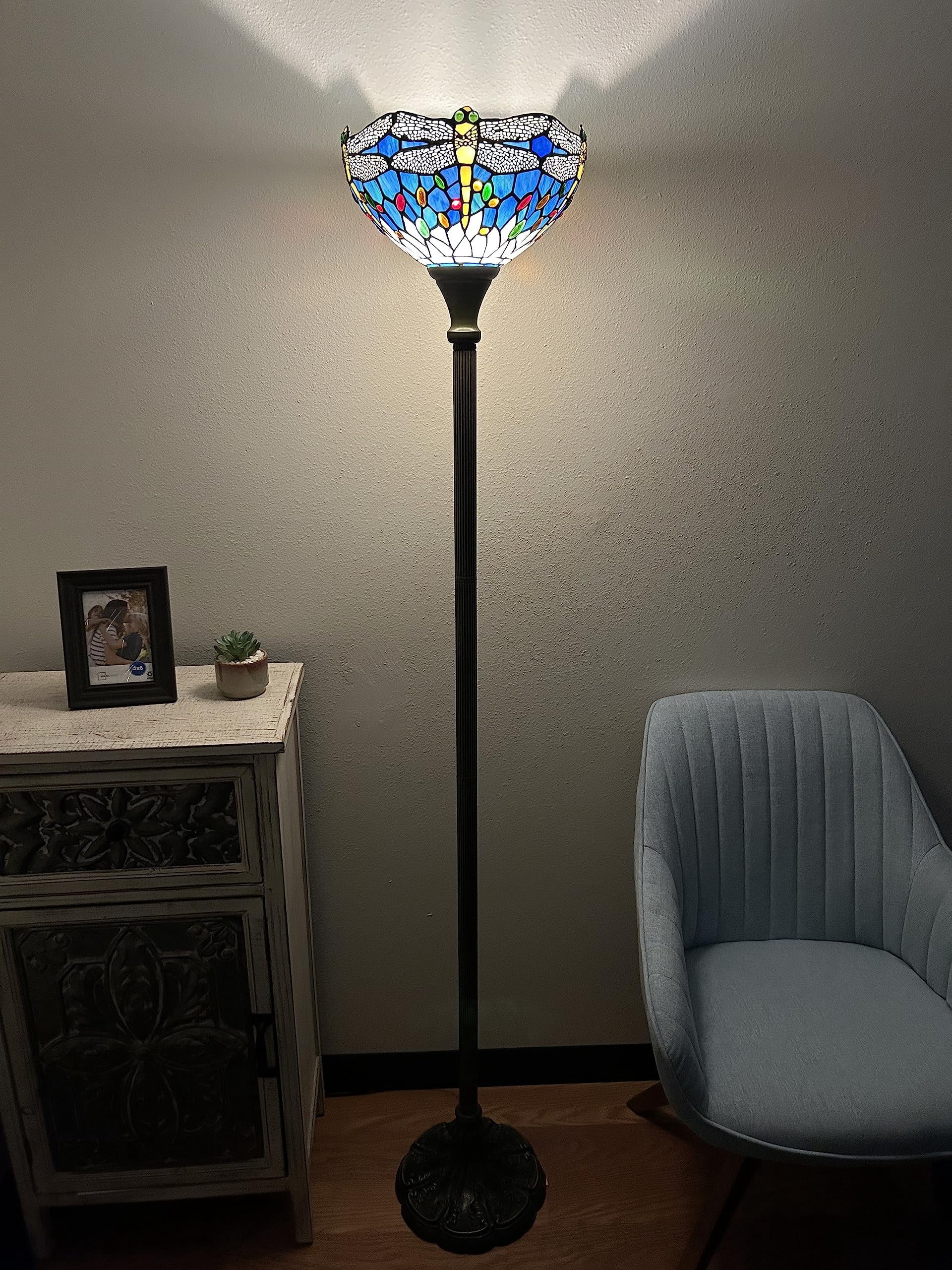 Tiffany Torch Floor Lamps Blue Stained Glass Dragonfly LED Bulb Included For Living Room Dining Room Bedroom 12"W*12"D*66"H