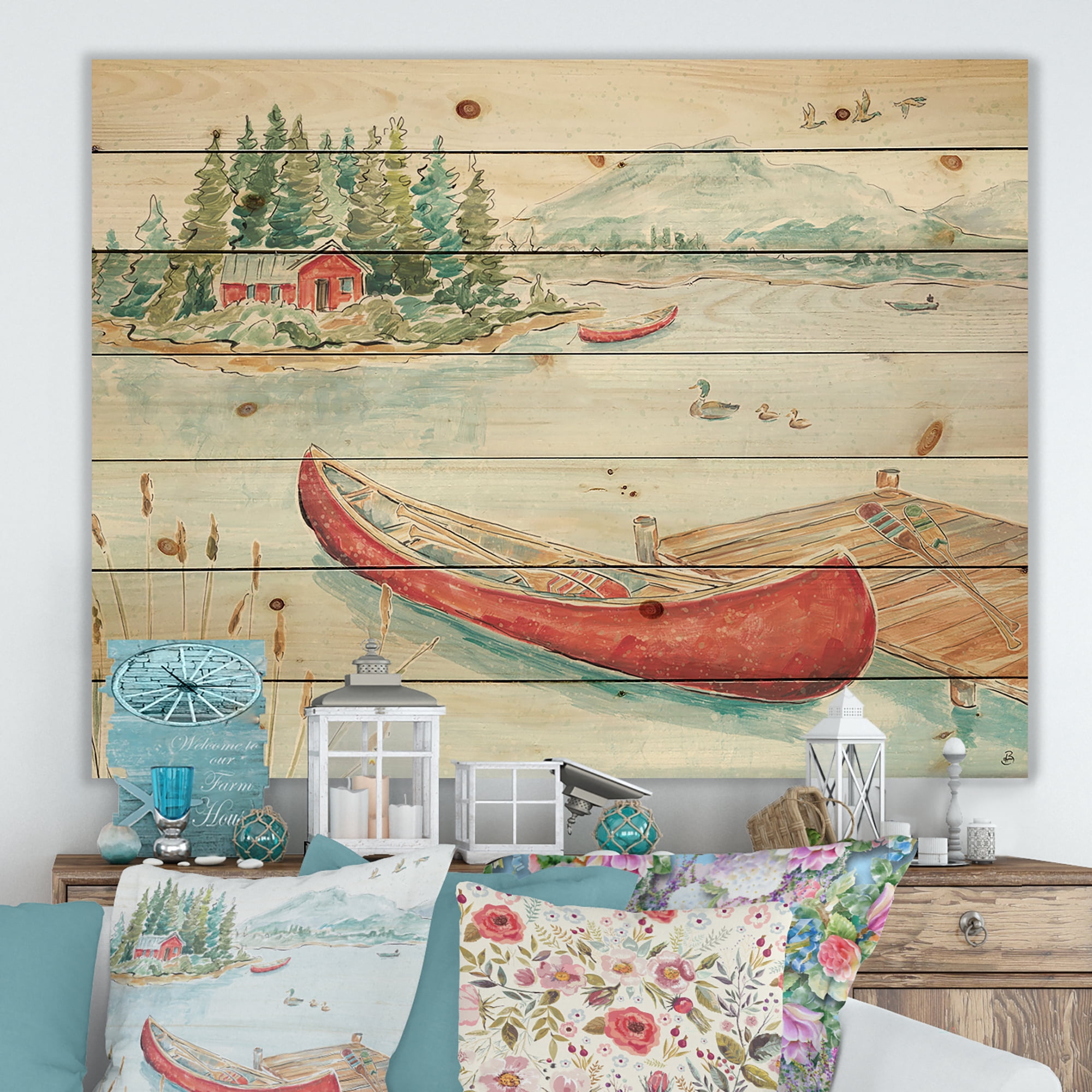 Designart 'Red Lake House and Canoes II' Lake House Print on Natural Pine Wood