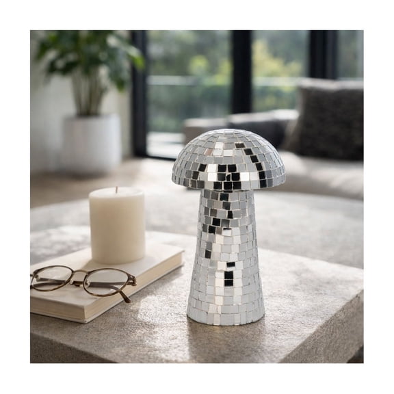 Mosaic Mushroom Figurine for Home Decor - Modern Mirror Sculpture for Living Room, Bathroom, Office, and Shelf Decor - Modern Ornaments Accents for Coffee Table and Room Styling - 9", Silver