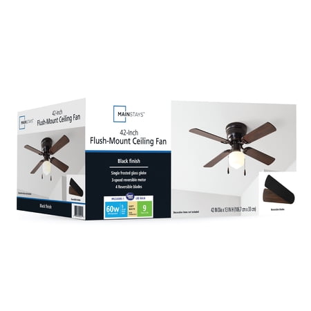 MAINSTAYS 42 INCH HUGGER INDOOR CEILING FAN WITH LIGHT KIT, BLACK, 4 BLADES, REVERSE AIRFLOW