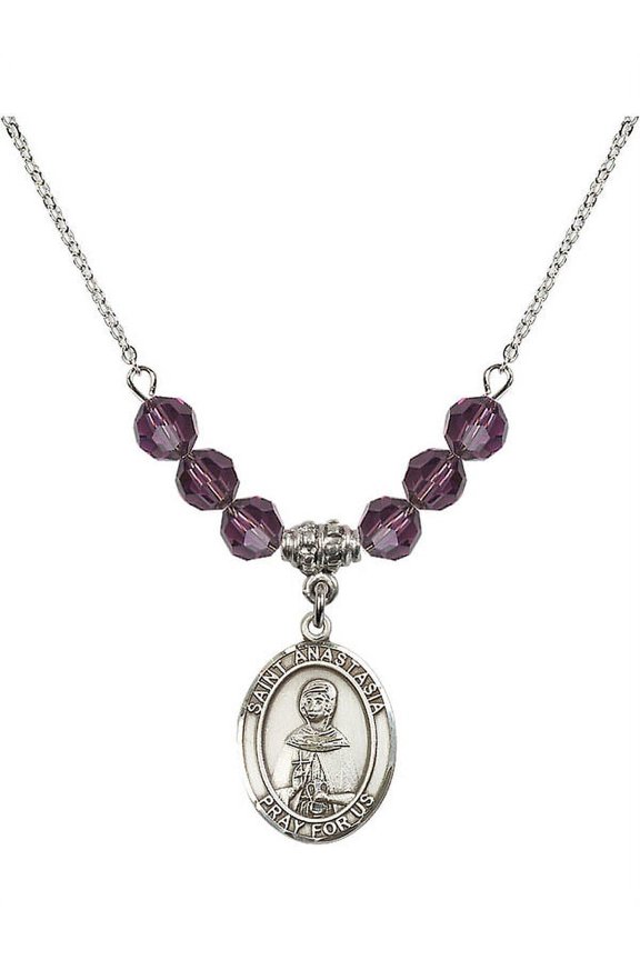 18-Inch Rhodium Plated Necklace with 6mm Purple February Birth Month Stone Beads and Saint Anastasia Charm