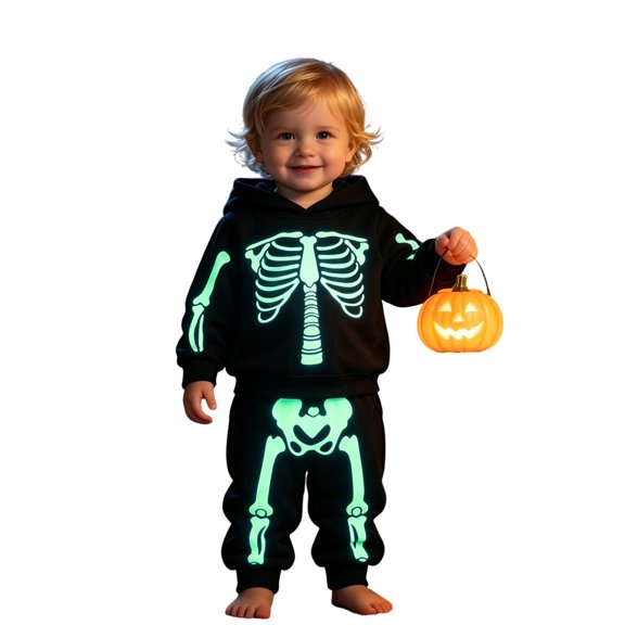 Toddler Kids Halloween Glow‑In‑The‑Dark Skeleton 2‑Piece Hooded Sweatshirt Outfit,Autumn Winter Sports Set for Little Kids,2-8Y
