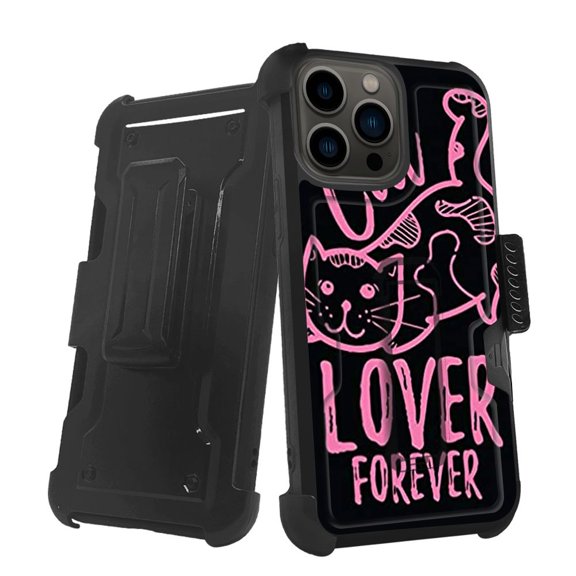 ANJ  Rugged Shockproof Holster Case w/Card Slot, Kickstand   Tempered Glass for iPhone 13 Pro (6.1") - Cat Lover