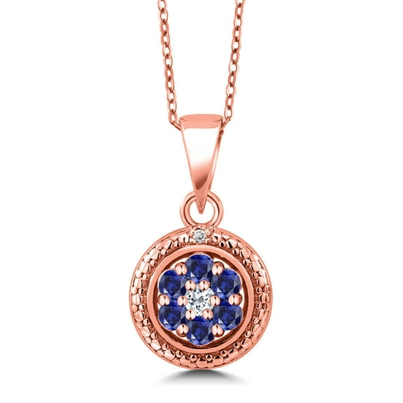 Gem Stone King 18K Rose Gold Plated Silver Blue Created Sapphire and White Topaz Round Pendant Necklace for Women (0.43 Cttw, Gemstone Birthstone, with 18 inch Chain)