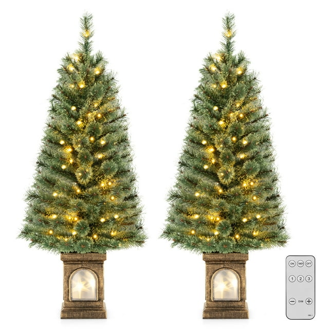 Gymax 2 PCS 4 FT Pre-Lit Potted Christmas Tree Artificial Entrance Tree w/ LED Lights & 116 Branch Tips