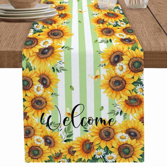 nqOlkjepod Yellow Sunflowers Table Runner 108 Inches Long Farmhouse Dress Scarves, Green Striped Summer Botanical Dining Tablerunner for Coffee Table/Kitchen Island/Party Décor, 13" x 108"