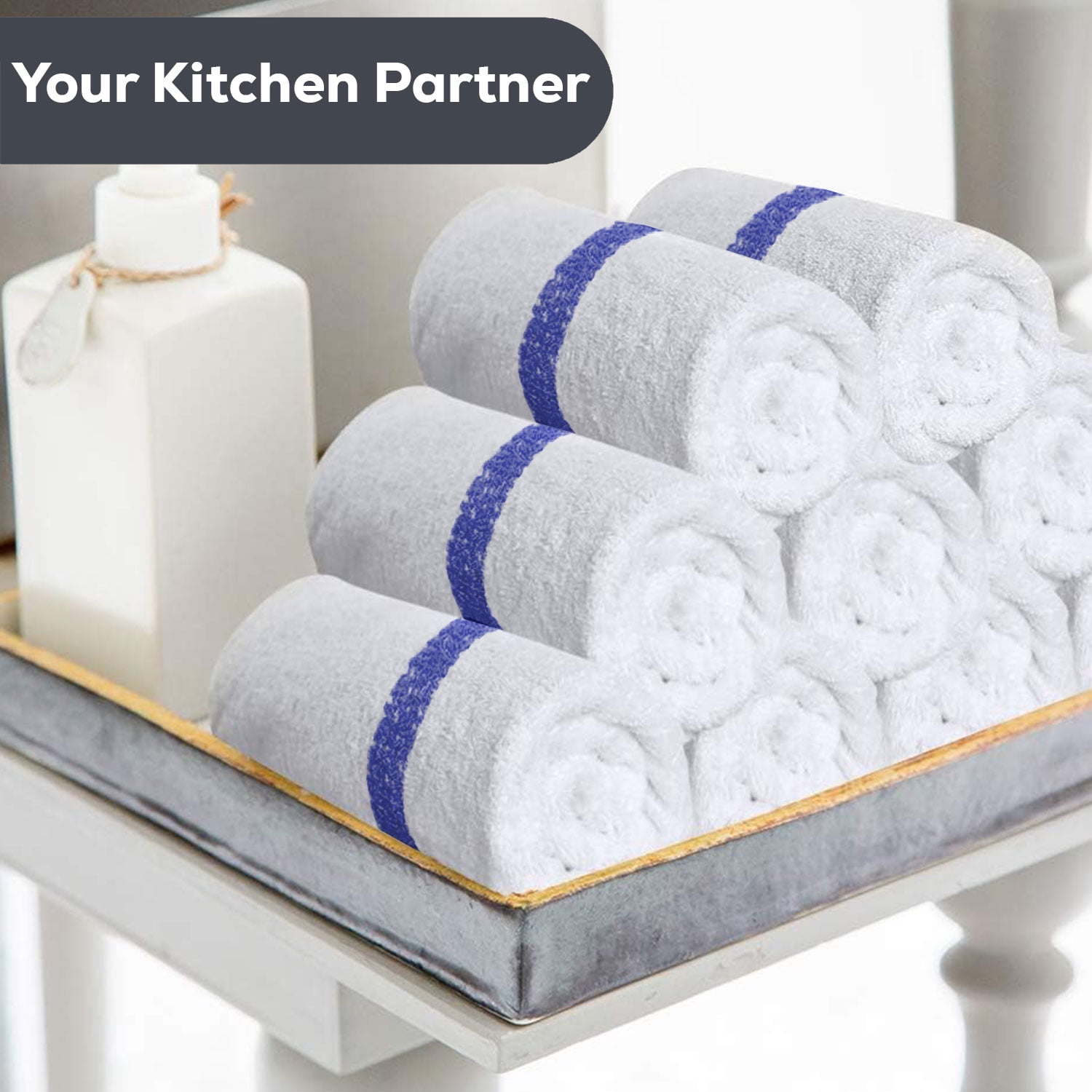 GOLD TEXTILES 120 PC New Cotton Blend Restaurant Bar Mops Kitchen Towels 28oz 10 Dozen 120 Blue Stripe