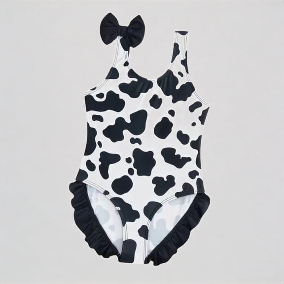 REDARER Toddler Girls One-Piece Swimsuit: Cow Print Design, Bow Detail & Ruffled Trim – Adorable Summer Beach Bathing Swimwear,3-6 Months
