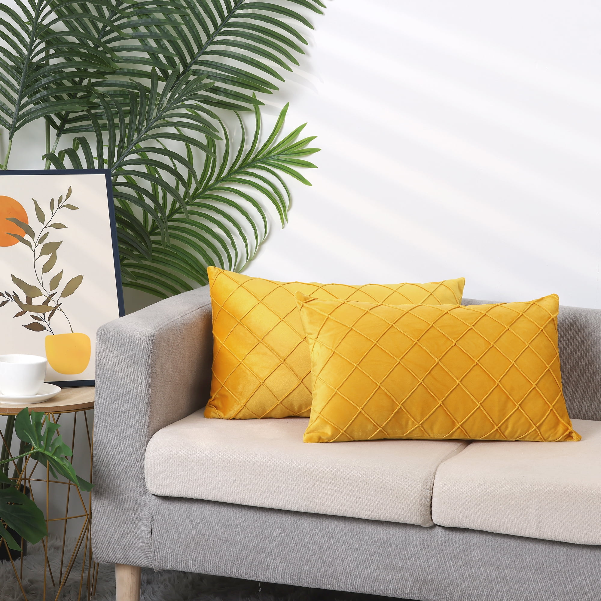 Unique Bargains Velvet Decorative Pillow Covers Geometric Textured Cushion Covers 2 Pcs Yellow 12" x 20"