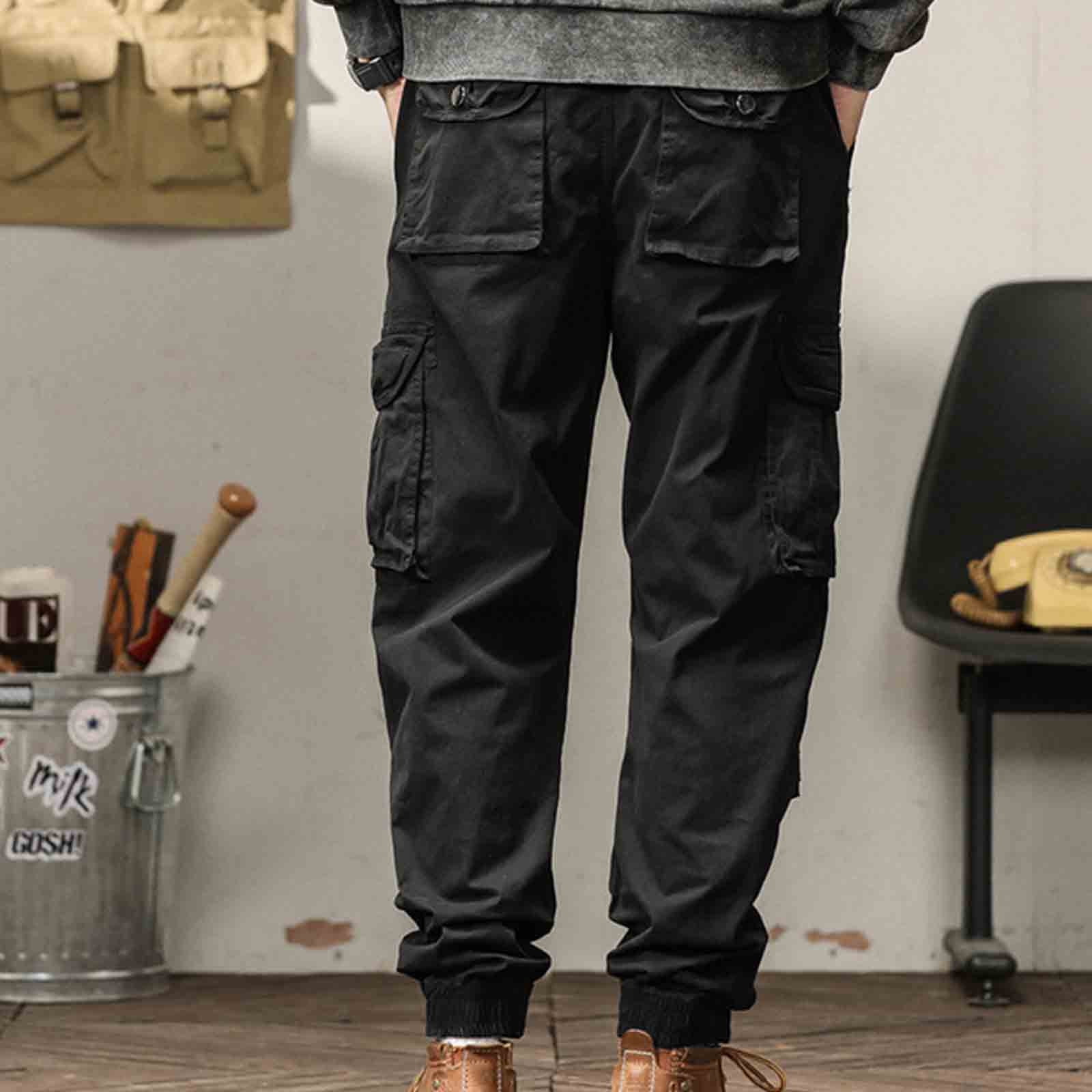 HOOMEUMY Men's Cargo Pants with Pockets Cotton Hiking Sweatpants Casual Athletic Jogger Sports Outdoor Drawstring Trousers Black 14