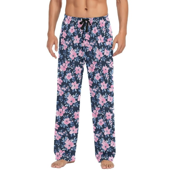 Blue Leaves and Pink Petals Mens Pajama Pant Sleep and Lounge Bottons with Pockets