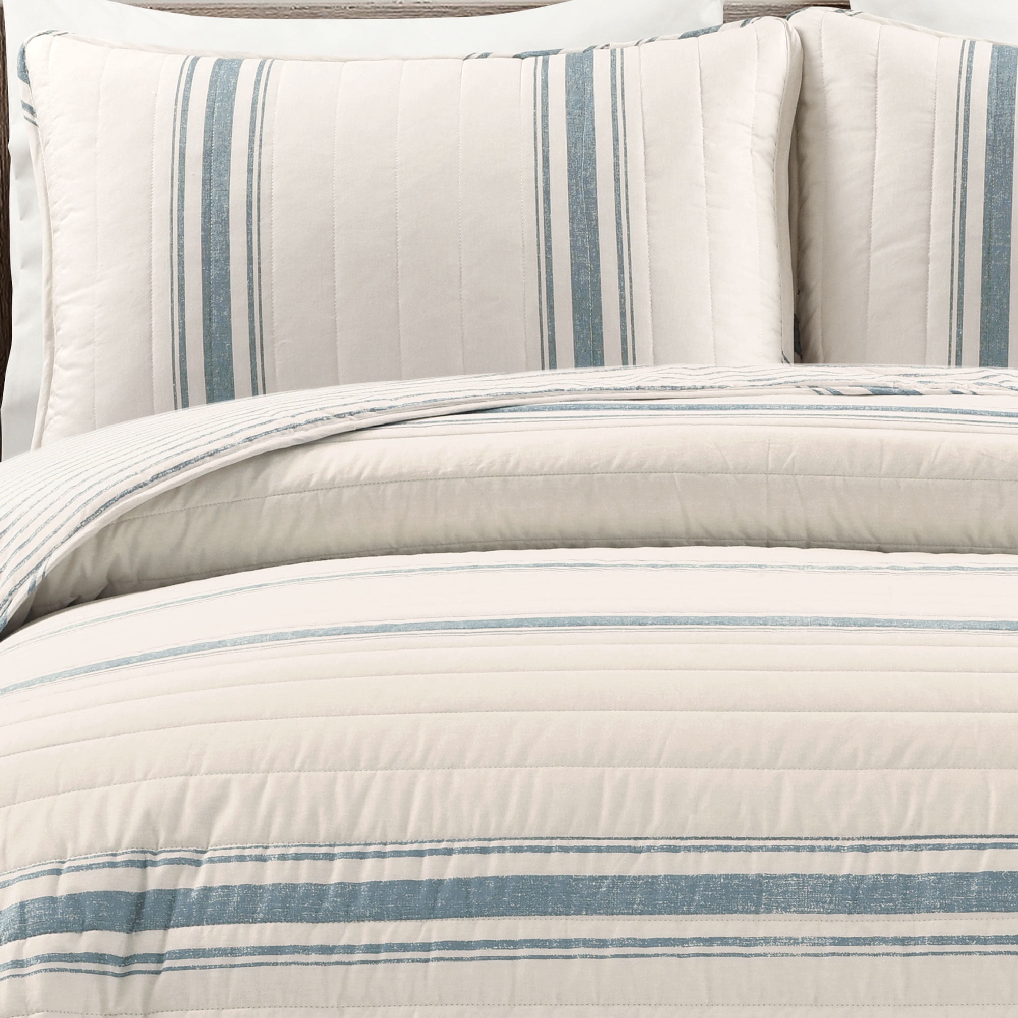 Lush Decor Farmhouse 460 Thread Count Striped 3 Piece Quilt Sets, Full/Queen With Quilt, Pillow Shams