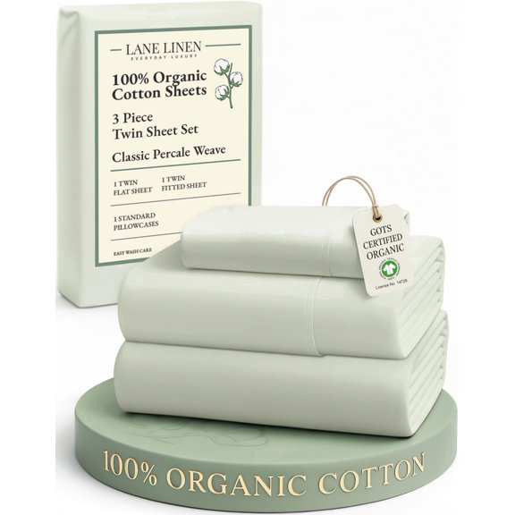 Lane Linen 100% Organic Cotton Twin Sheets, Soft & Comfy Percale Weave Mercerized Fully Elasticized Reinforsed Seam Naturally Temperature Regulating Cotton Sheets Twin- Mineral