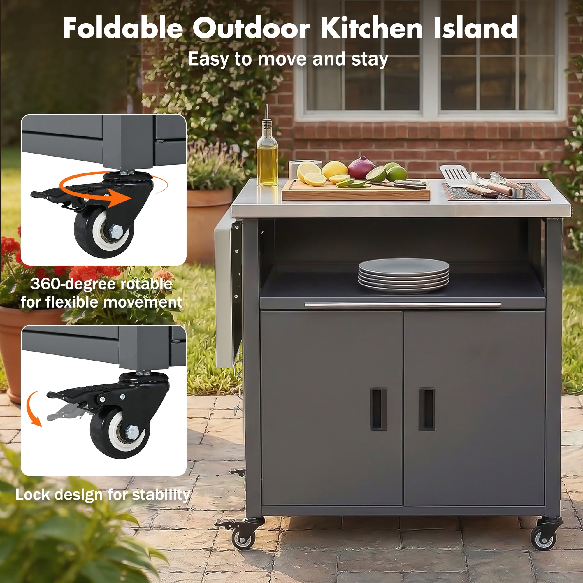 Foldable BBQ Prep Cart, Outdoor Patio Dining Serving Cart with Trash Rack for Backyard, Gray