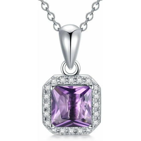SISGEM Princess Cut Birthstone Necklace Silver Solitaire Square Light Amethyst Birthstone Halo Necklace Birthday Gift for Women