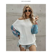 Women's Fashion Floral Panel Knitted Tops Long-Sleeved T-shirt