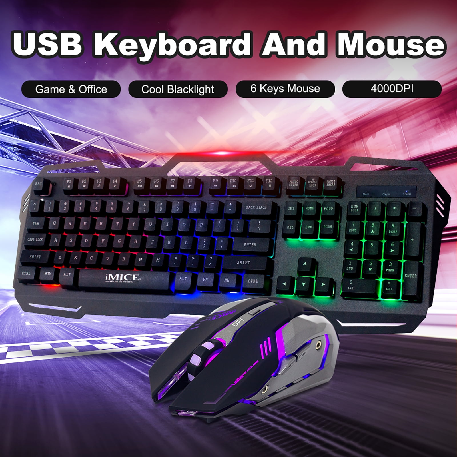 Rainbow LED Gaming Keyboard and Mouse Set Multi-Colored Changing Backlight Mouse 