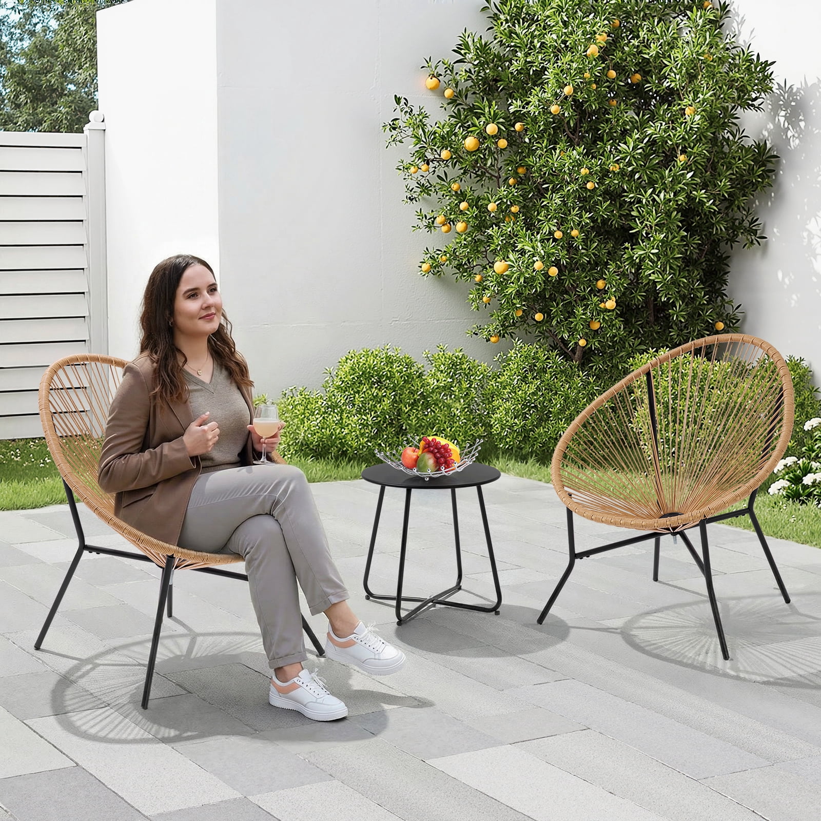 Dovov 3 Piece Patio Acapulco Furniture Bistro Set, Outdoor Bistro Set Acapulco Chairs All-Weather Rattan Wicker Chairs with Plastic Rope and Coffee Table, Beige