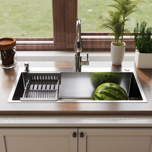 This 28 - inch Undermount Kitchen Sink, Made of Rice - Grain - Silver Stainless Steel， Is Very Durable, Comes with Accessories