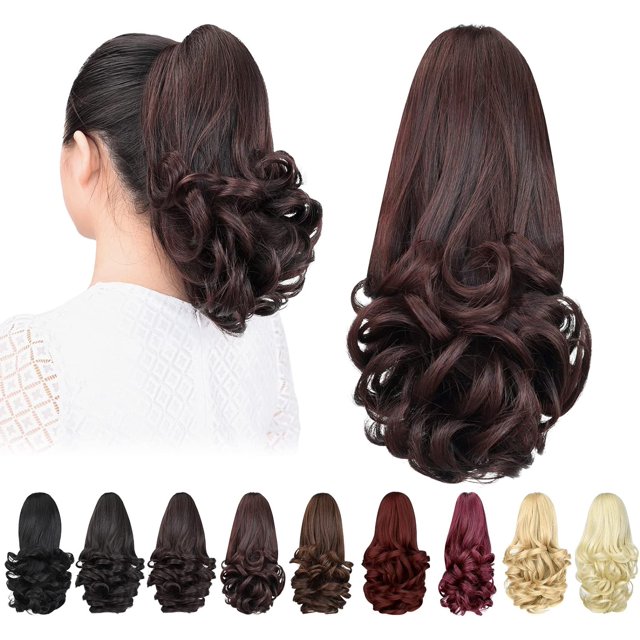 ORUYROP Extension de Queue de Cheval, extensions de Cheveux à Pince Griffe de 12 Pouces Queue de Cheval Cheveux Courts Bouclés Extension de Cheveux Pièce de Cheveux Synthétique d'Apparence Naturelle pour Femmes Brun Foncé