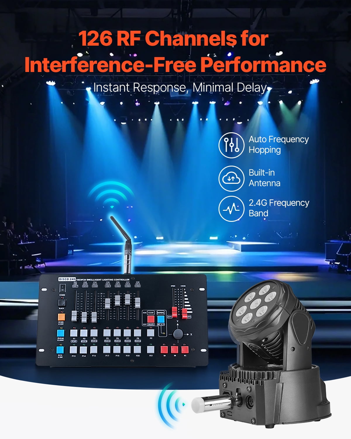 VEVOR DMX Wireless Receiver, 3 Receivers & 1 Transmitter, 2.4G ISM Band, 656 ft Transmission Range, Rechargeable Battery, Wireless Stage Lighting Control, for LED Stage Party DJ Bar Lighting, Silver