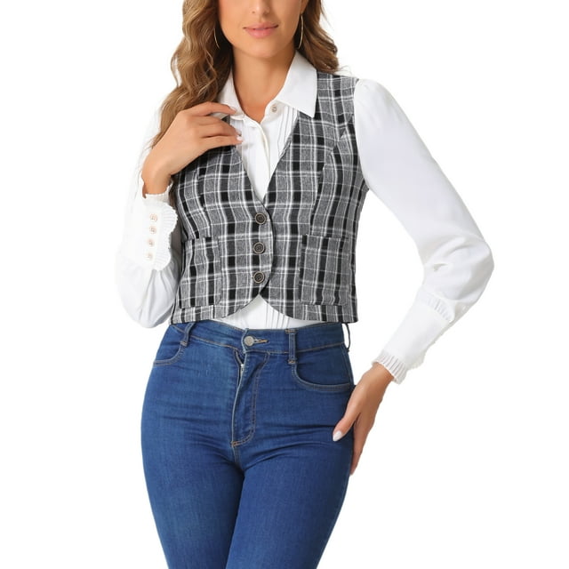 CHALECO Vintage a Cuadros INSPIRE CHIC para Mujer, Cuello en V, de Un Solo Botón, Sin Mangas, Espalda Racer, Talla L, Negro y Blanco