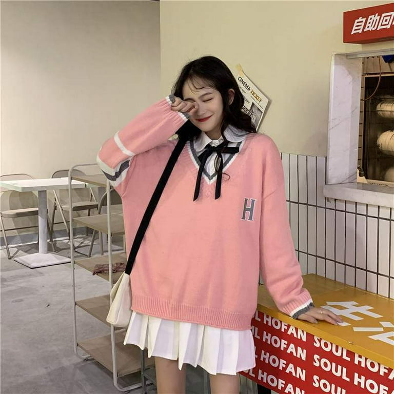 Pink Japanese School Uniform Preppy Style Sweater Women 2021