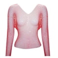 thumbnail image 4 of JIAYUE Women's Swimwear Cover-Ups V Neck Mesh Rhinestone Long Sleeve Hollow Lightweight Cozy Solid Color Crop Sparkly Swimsuit Cover Up Top, 4 of 4