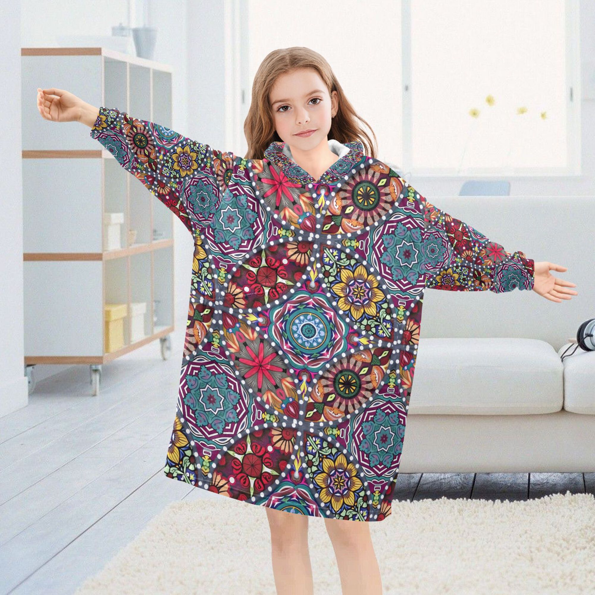 FORMRS Wearable Blanket Hoodie with Sleeves for Kids Cozy Flannel Sweatshirt, Colorful Mandala Pattern